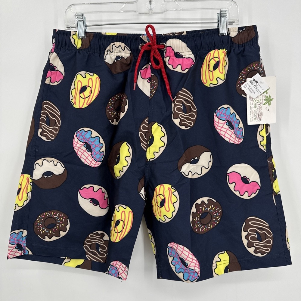 U.S. Surf Club Oahu, Hawaii Navy Blue Donut Swim Trunks Mens Large NEW Fun Beach
